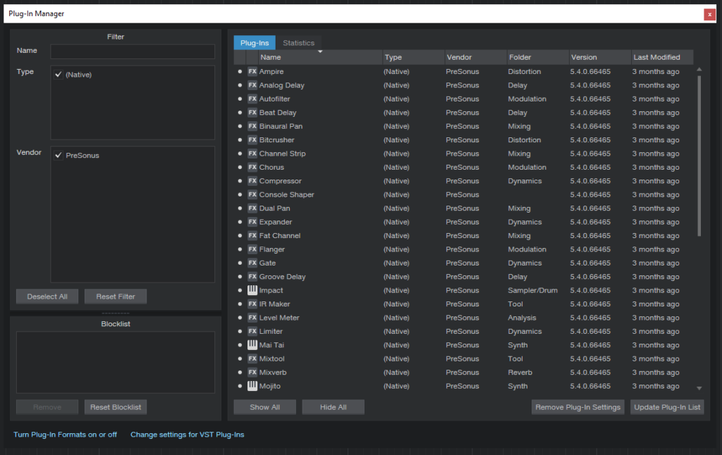 New Features included in Studio One 5.4: Plugin Manager 1