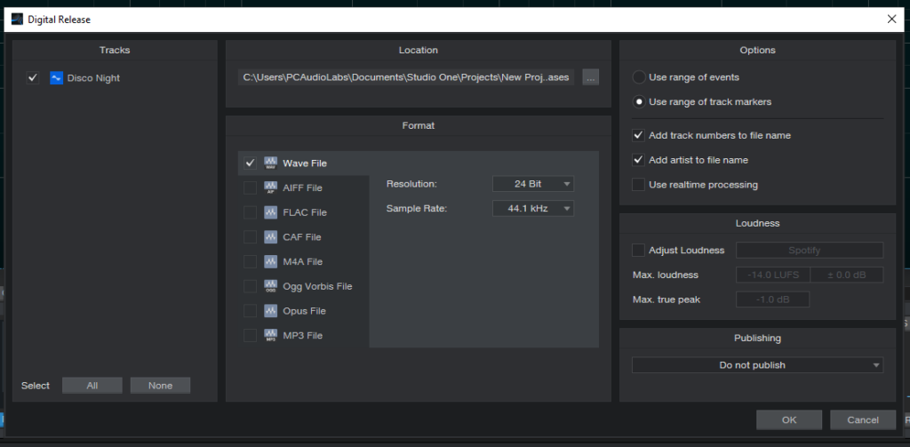 Export Multiple Digital Files in Project Page in the New Studio One 5.5