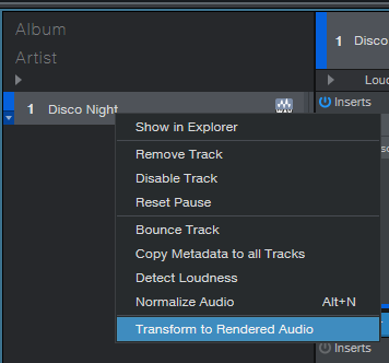 Transform Track to Rendered Audio in Project Page in the New Studio One 5.5