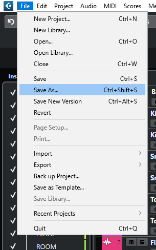 Saving a project in Cubase