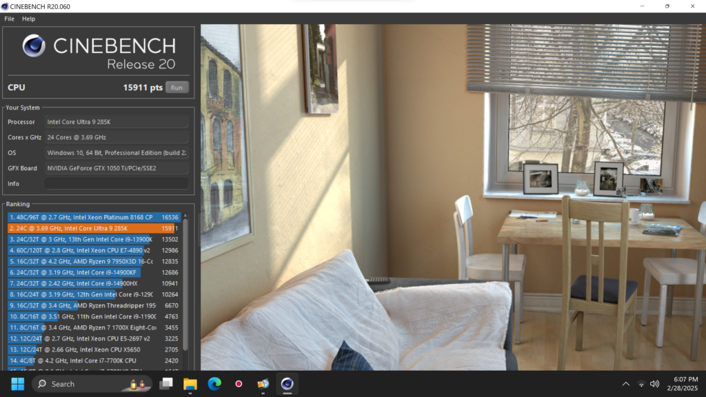 Intel Core Ultra 9 285k - Cinebench Test Results 
