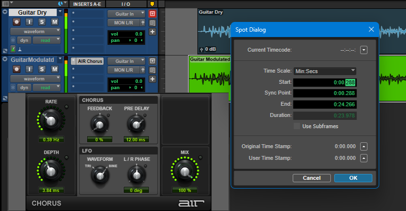 Figure 1: The Guitar Dry track starts at 300 ms. The Guitar Modulated track starts 12 ms earlier at 288 ms, as shown in the Spot Dialog’s Start time.